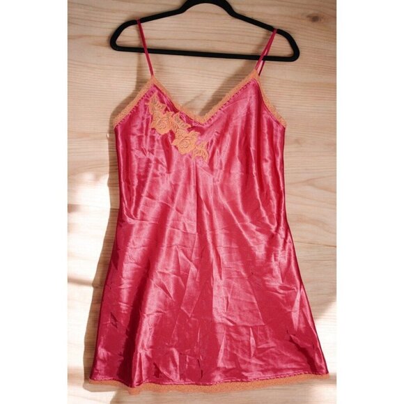 Valerie Stevens Satin Slip Dress Size M Red Lace Trim Vintage Y2K Lingerie - Picture 4 of 16